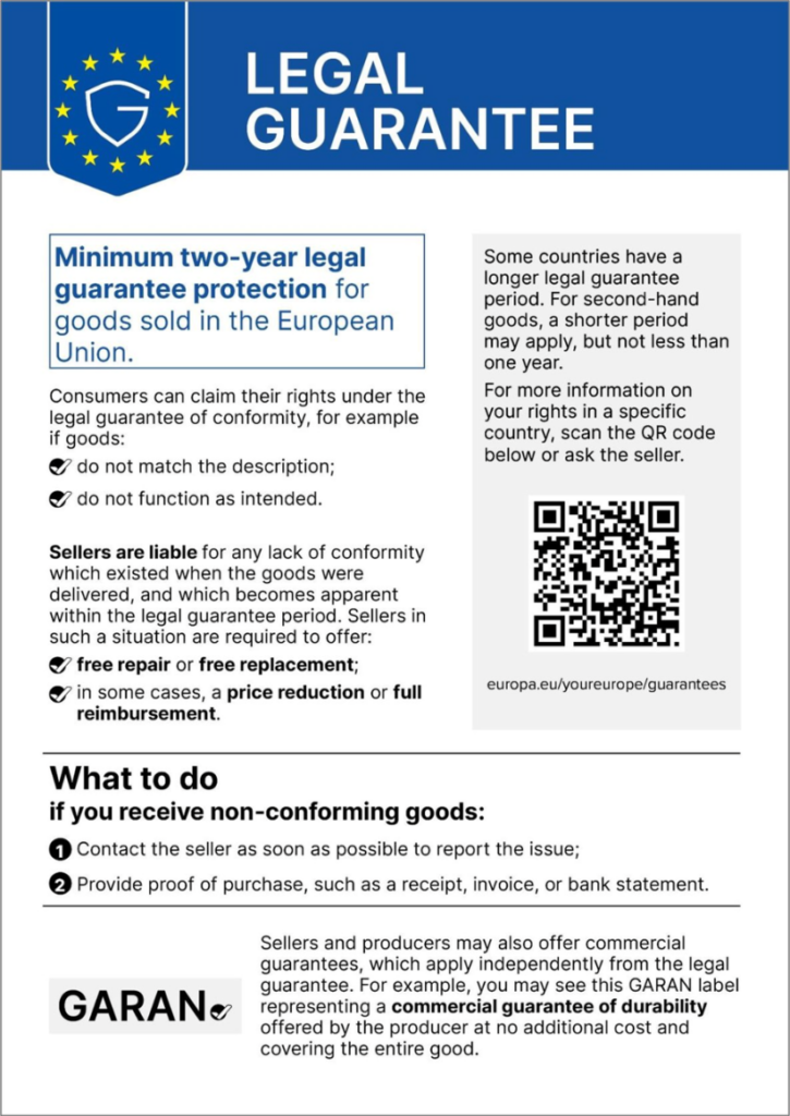 Legal guarantee (EU) https://europa.eu/youreurope/citizens/consumers/shopping/guarantees/index_fr.htm